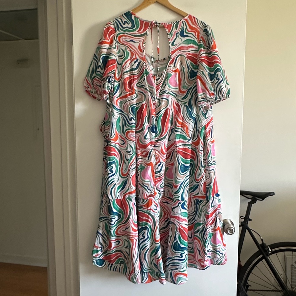 NWT June + Vie Printed Watercolor Marble Multicolor Hi-Low Ruffle Midi Dress - Picture 7 of 11